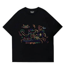 Abstract Line Art Oversized Short Sleeve T-Shirt US 4 / Black