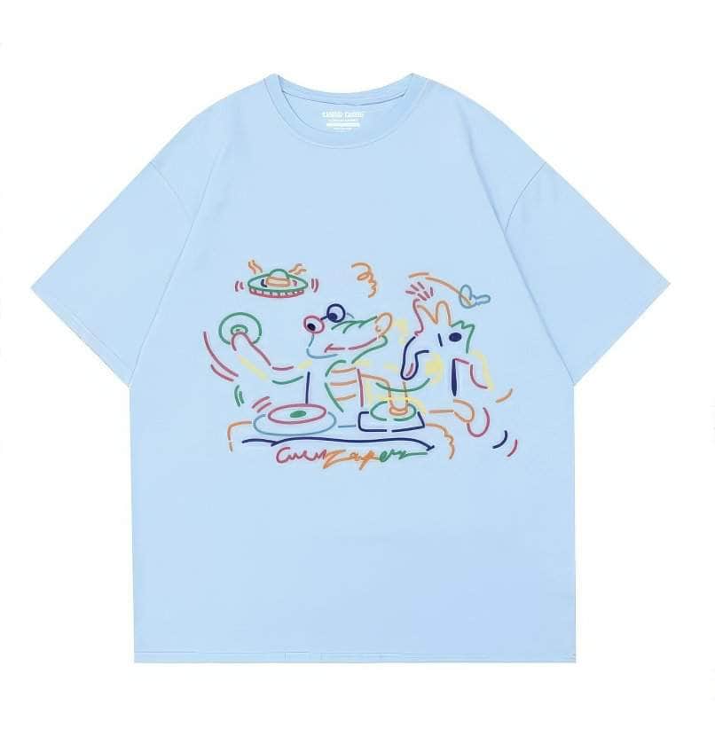 Abstract Line Art Oversized Short Sleeve T-Shirt US 4 / Blue