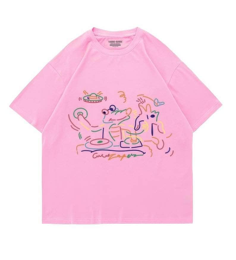 Abstract Line Art Oversized Short Sleeve T-Shirt US 4 / Pink