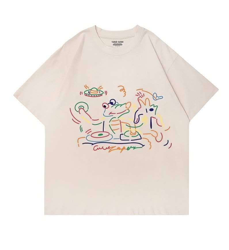Abstract Line Art Oversized Short Sleeve T-Shirt US 4 / Wheat