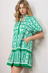 Abstract Patterned V Neck Puff Short Sleeve Mini Dress