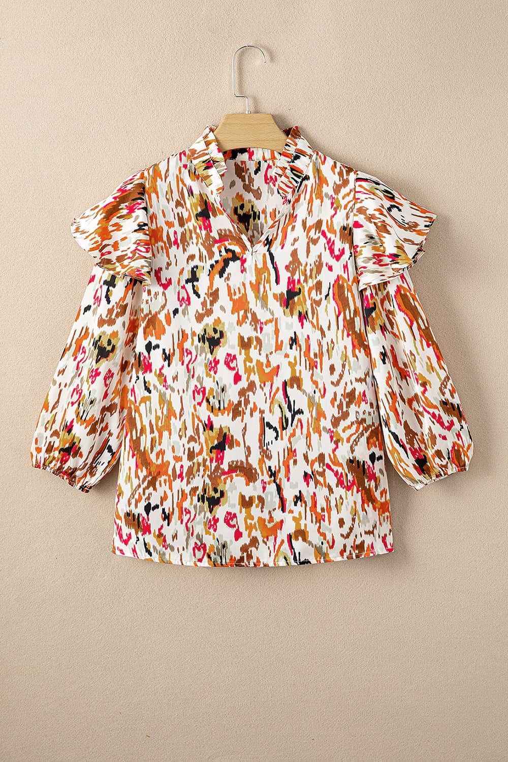 Abstract Print 3/4 Sleeve Ruffle Blouse