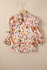 Abstract Print 3/4 Sleeve Ruffle Blouse