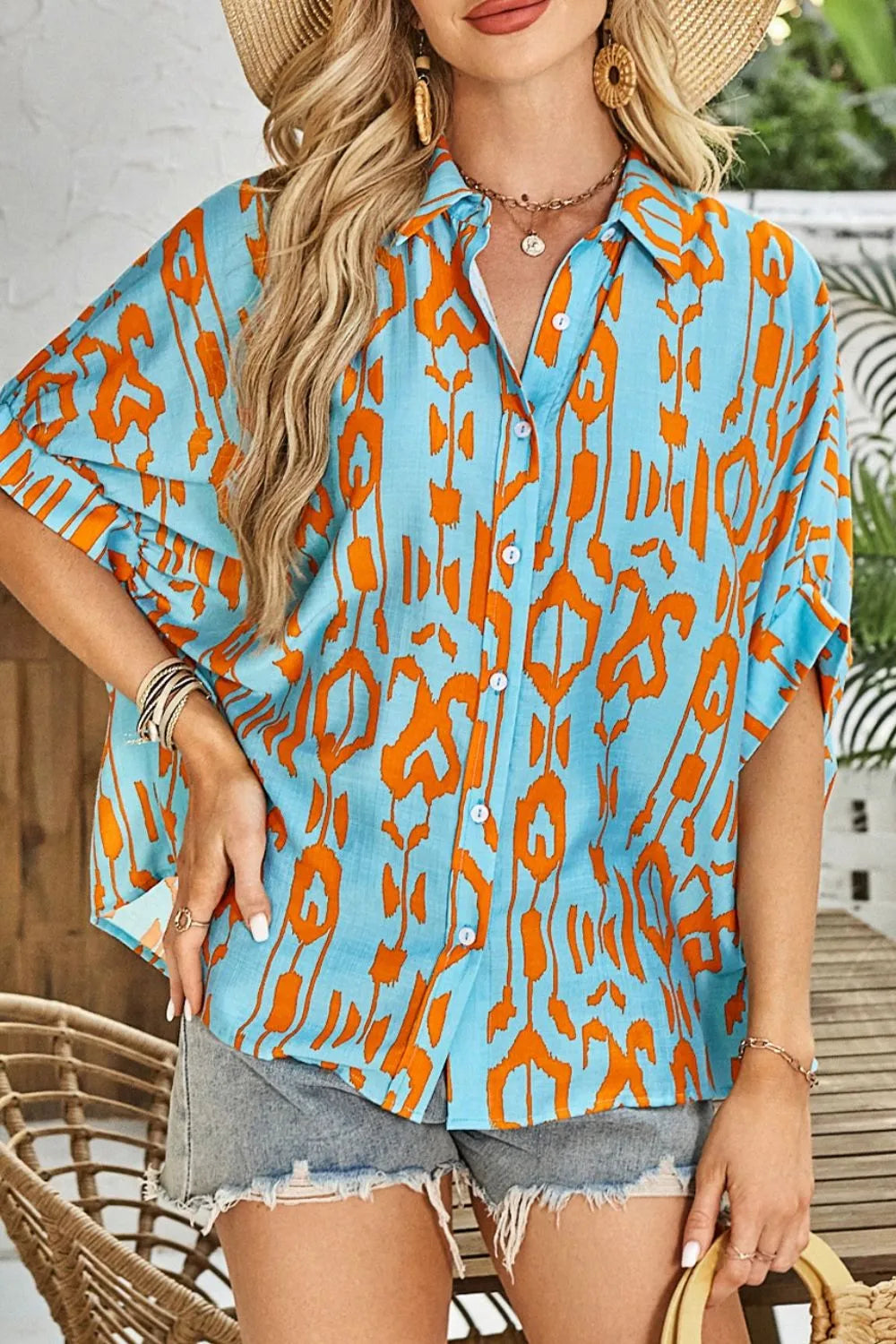 Abstract Print Dolman Short Sleeve Western Loose Shirt