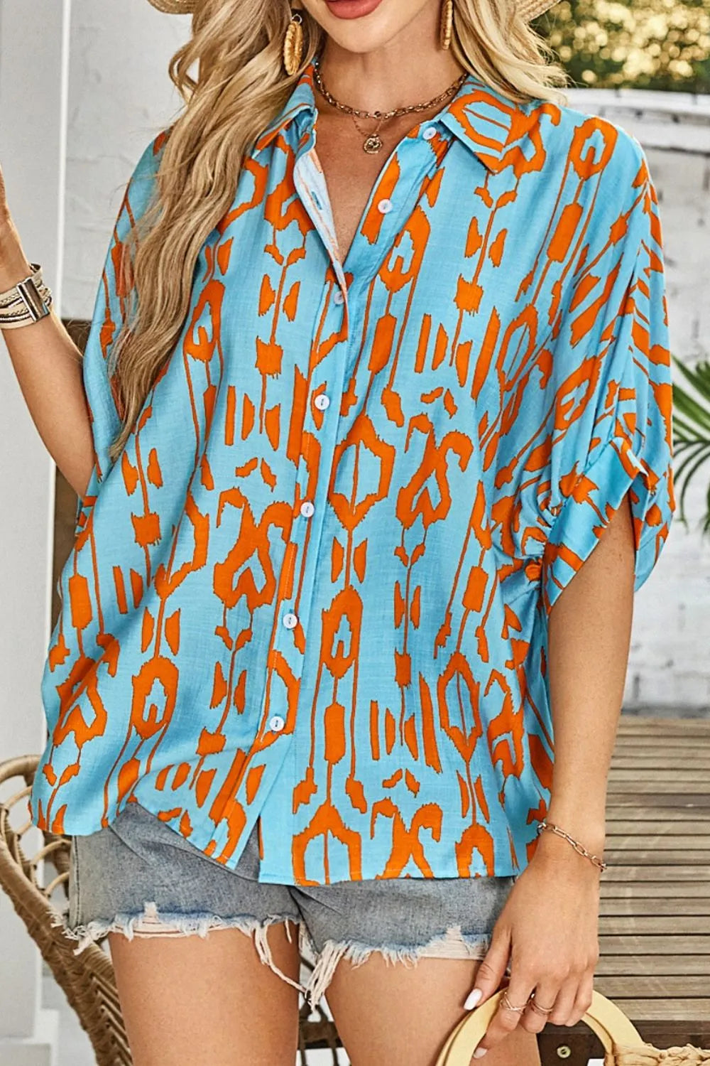 Abstract Print Dolman Short Sleeve Western Loose Shirt Teal / S