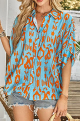 Abstract Print Dolman Short Sleeve Western Loose Shirt Teal / S