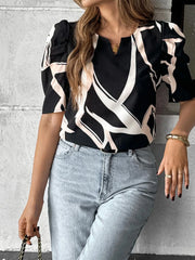 Abstract Print Puff Sleeve Notched Blouse