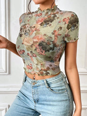 Abstract Print Ruffled Mock Neck Crop T-Shirt