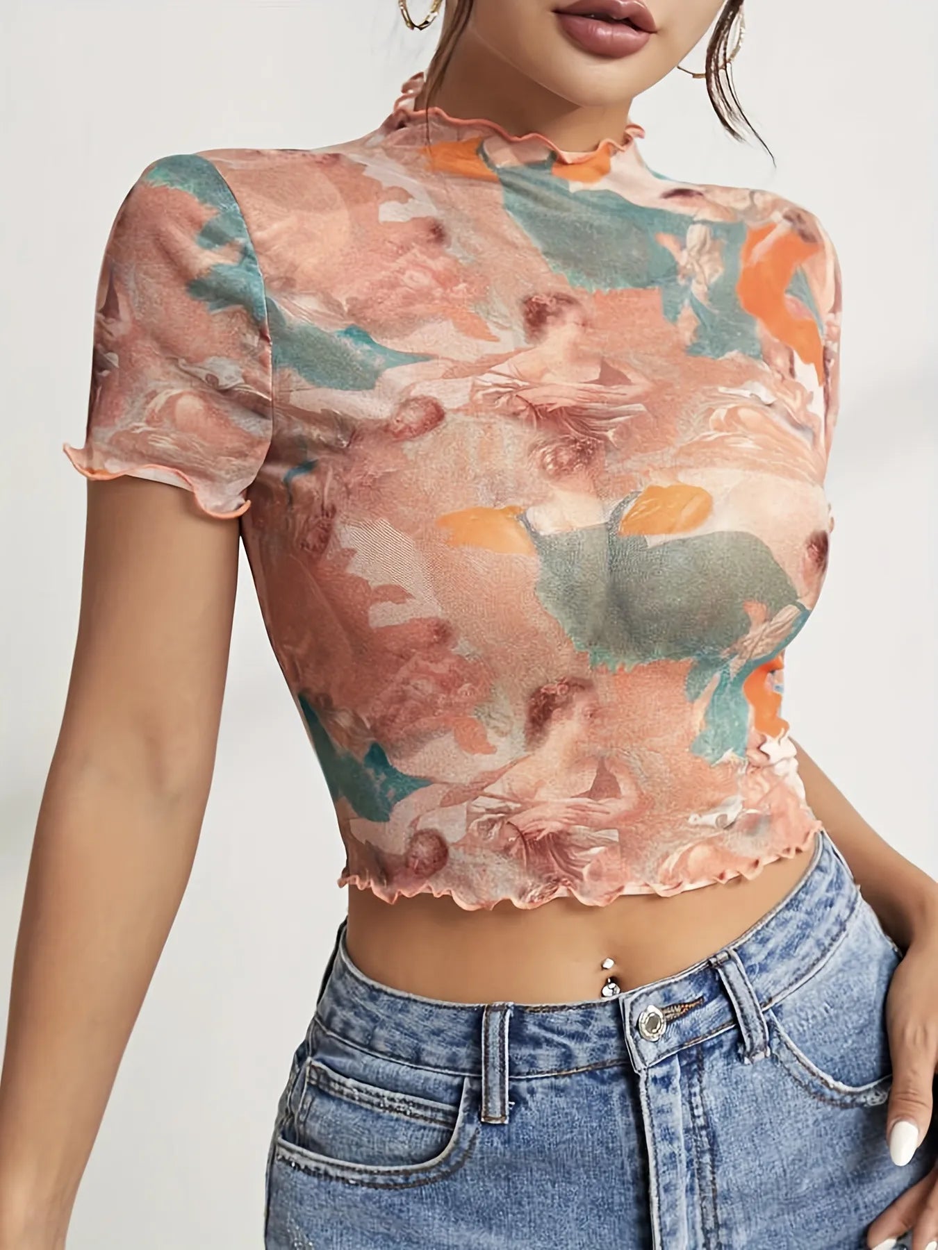 Abstract Print Ruffled Mock Neck Crop T-Shirt