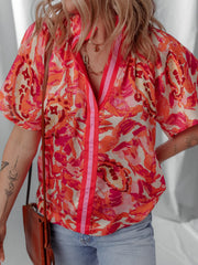 Abstract Print Striped Trim Split Neck Blouse