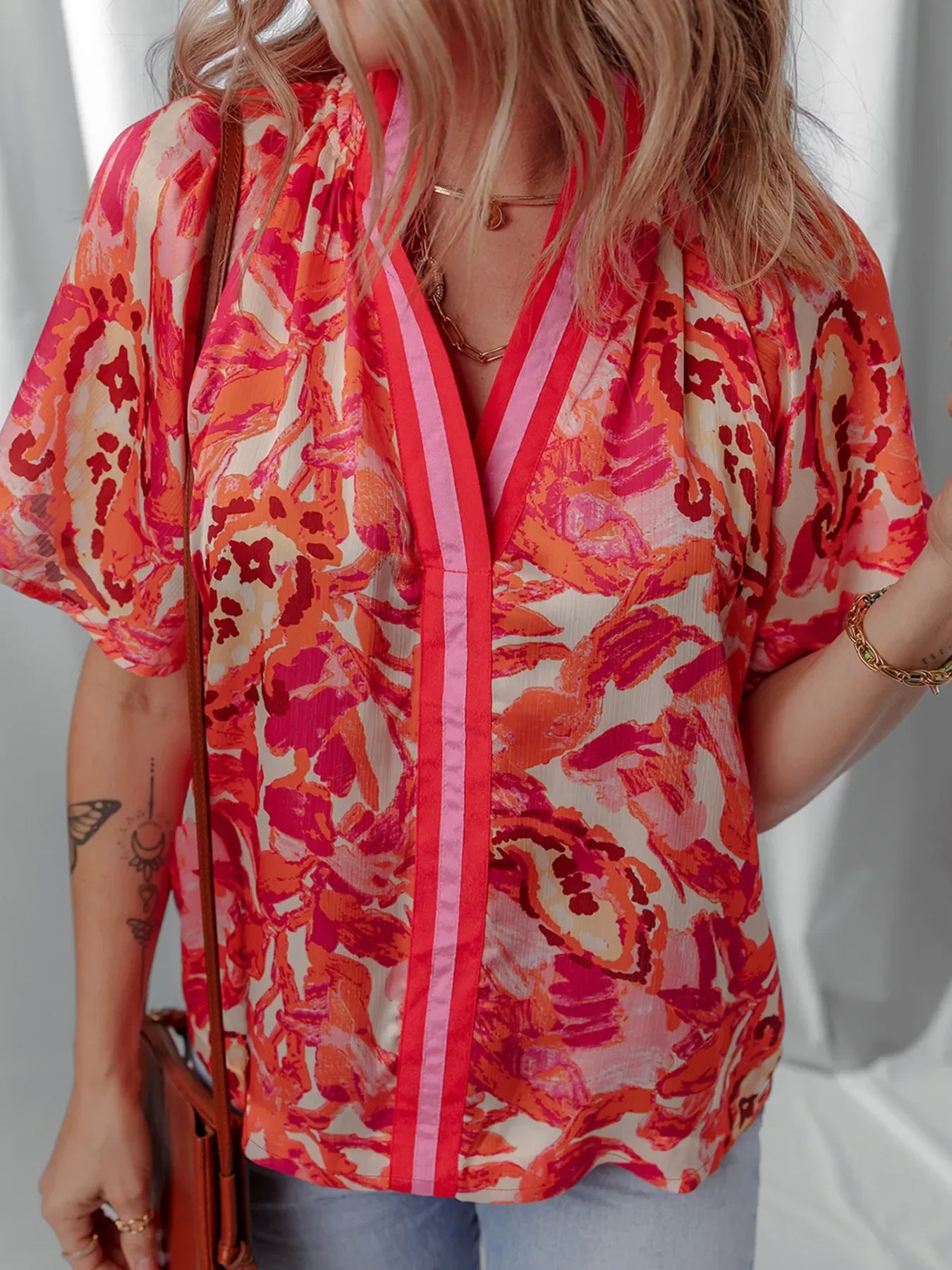 Abstract Print Striped Trim Split Neck Blouse