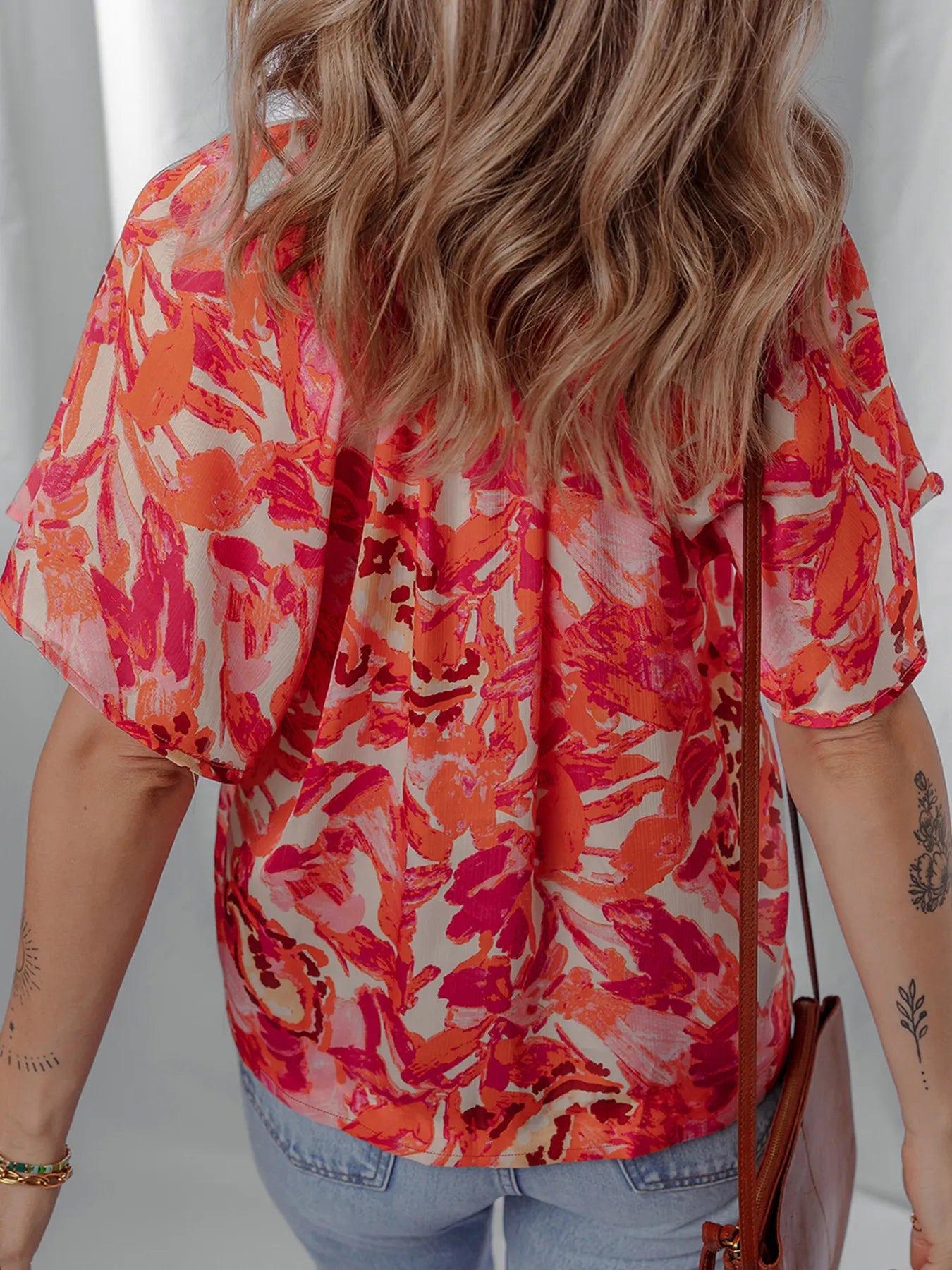 Abstract Print Striped Trim Split Neck Blouse