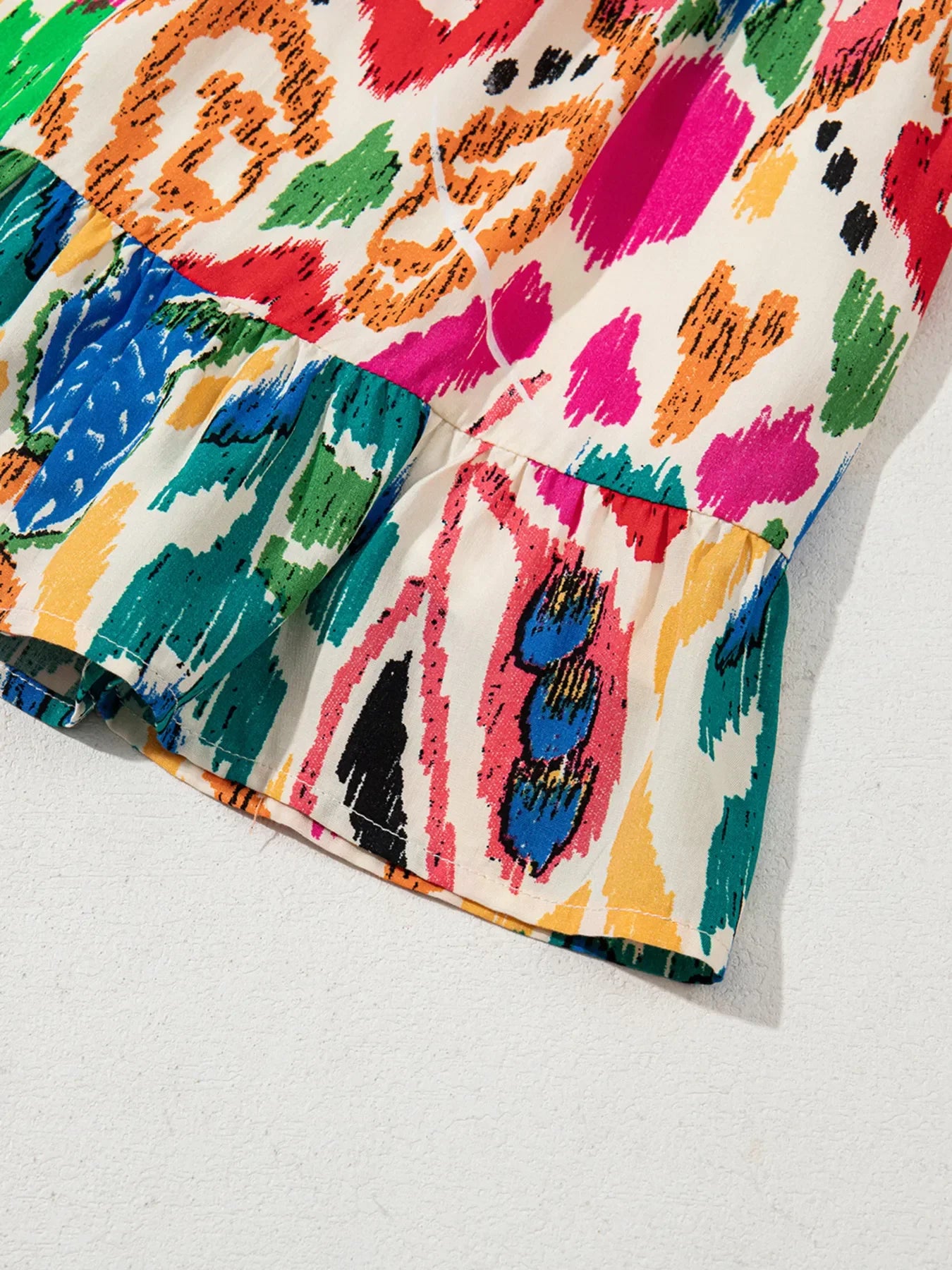 Abstract Print V Neck Dolman Sleeve Ruffle Tiered Mini Dress