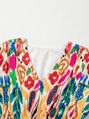 Abstract Print V Neck Dolman Sleeve Ruffle Tiered Mini Dress