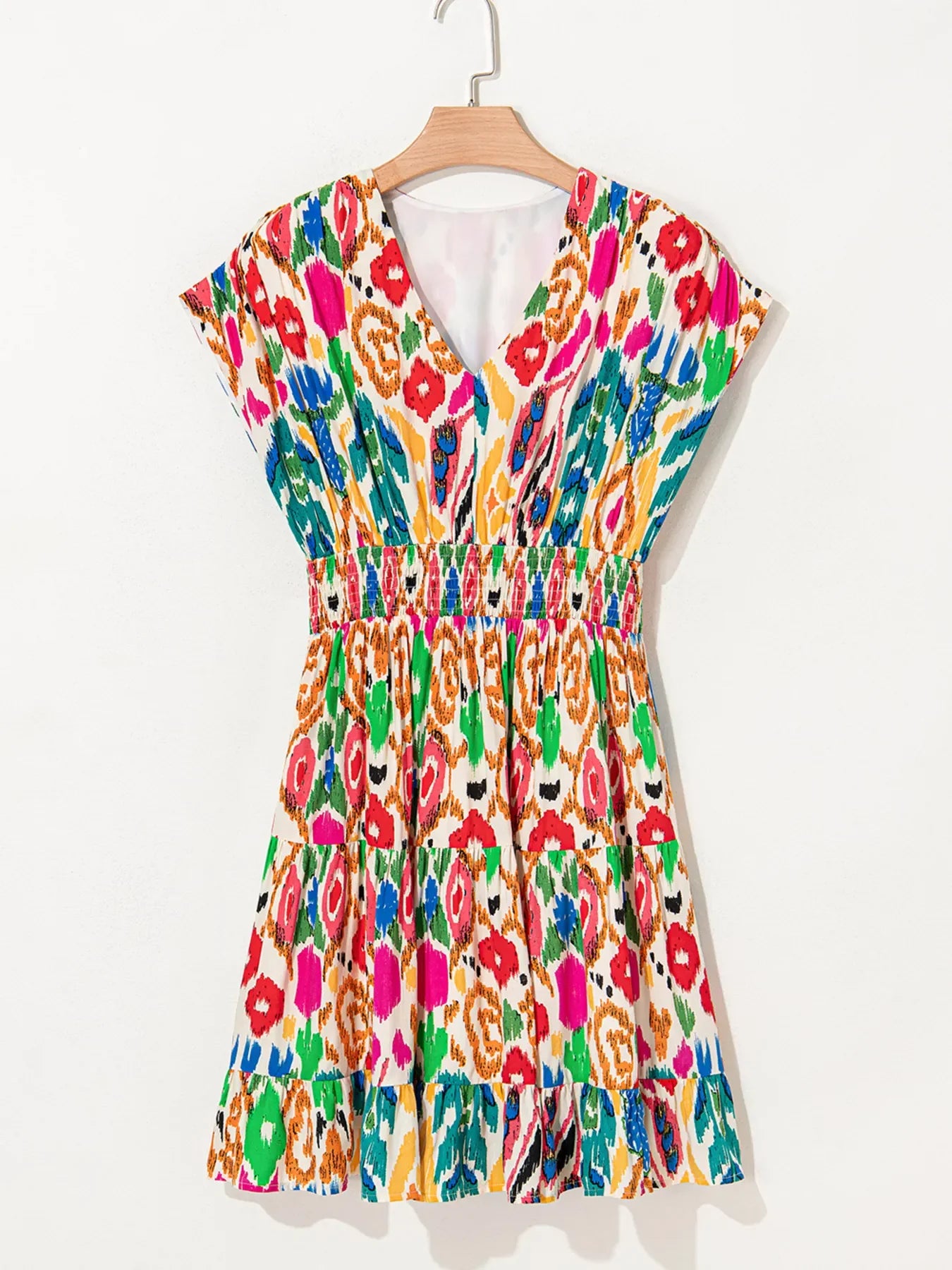 Abstract Print V Neck Dolman Sleeve Ruffle Tiered Mini Dress