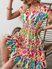 Abstract Print V Neck Dolman Sleeve Ruffle Tiered Mini Dress