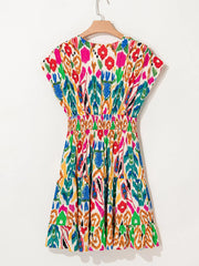 Abstract Print V Neck Dolman Sleeve Ruffle Tiered Mini Dress