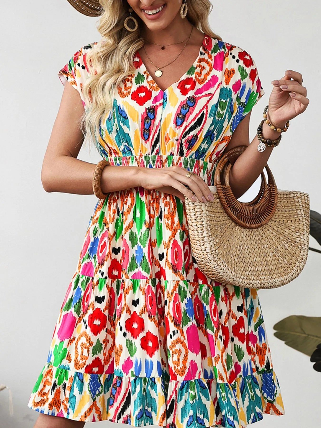 Abstract Print V Neck Dolman Sleeve Ruffle Tiered Mini Dress