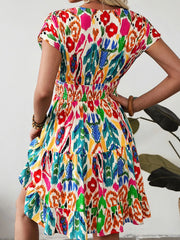 Abstract Print V Neck Dolman Sleeve Ruffle Tiered Mini Dress