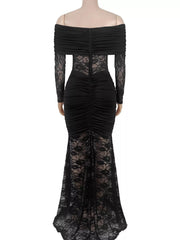 Back view of black off shoulder maxi dress on mannequin showing zip and lace
