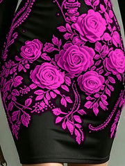 Close detail of magenta rose print on black long sleeve bodycon dress skirt