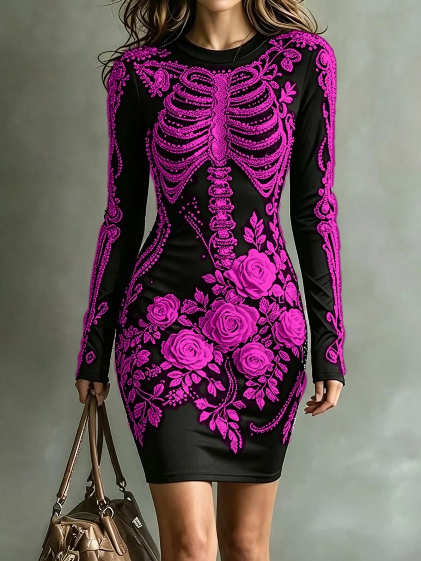 Black long sleeve bodycon dress with magenta skeleton and rose print, front view