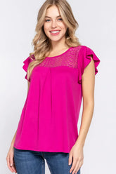 ACTIVE BASIC Ruffle Short Sleeve Lace Detail Knit Top MAGENTA / S