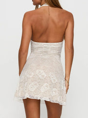 Back view of white floral lace halter deep V neck bodycon dress