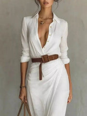 Close front view of a white shirt maxi dress showing the collar buttons and brown belt