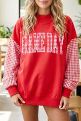 Red mock neck sweatshirt with red and white plaid sleeves and GAME DAY lettering, front view