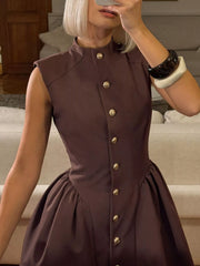 Brown sleeveless button down mini dress, close mirror view of bodice and gold buttons