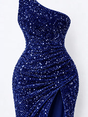 Royal blue sequin one shoulder evening dress close view showing the ruched waist and high slit