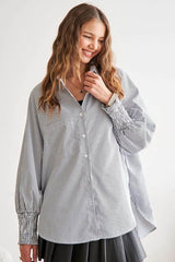 ADORA High-Low Striped Button Down Smocked Lantern Sleeve Shirt Gray / S