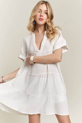ADORA Tiered Notched Short Sleeve Dress Ivory / S