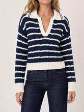 Navy and white striped cable knit sweater with white Johnny collar front