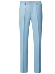 Men's sky blue dress pants with a slim fit and button closure.