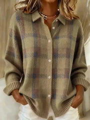 On-model front view of a khaki plaid button-down knit cardigan with a collar and long sleeves