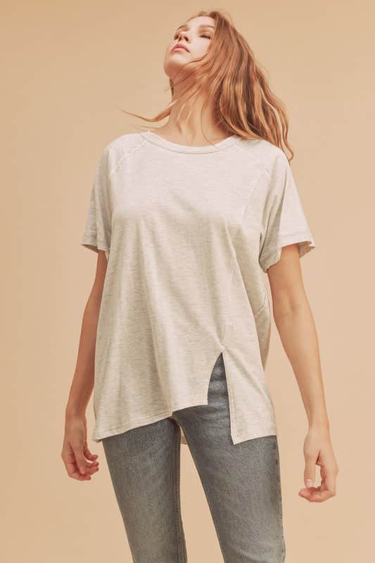 Aemi + Co Asymmetrical Front Slit Round Neck Raglan Sleeve T-Shirt Light Gray / S