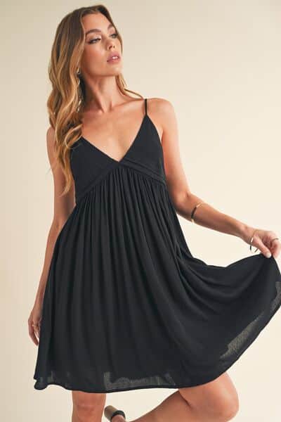 Aemi + Co Ruched Plunge Mini Cami Dress Black / S