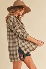 Aemi + Co Side Slit High-Low Plaid Long Sleeve Polo Shirt