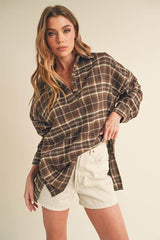 Aemi + Co Side Slit High-Low Plaid Long Sleeve Polo Shirt