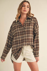 Aemi + Co Side Slit High-Low Plaid Long Sleeve Polo Shirt