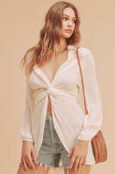Aemi + Co Tied Collared Neck Long Sleeve Top White / S