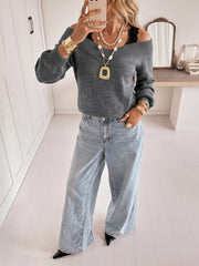 Full length mirror selfie of dark grey off shoulder sweater with wide leg jeans