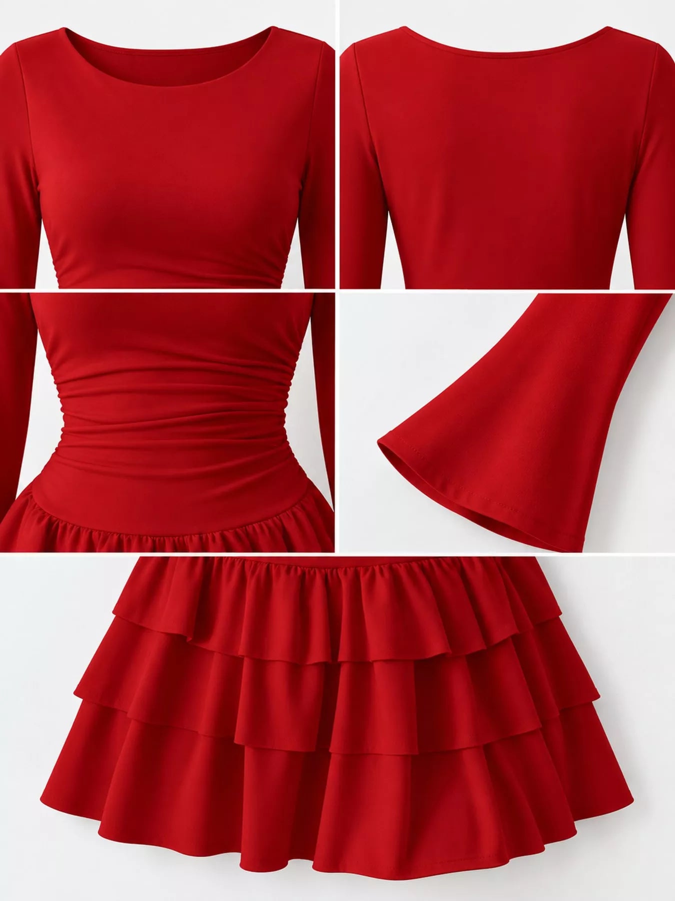 Red long sleeve mini dress detail collage showing neckline ruched waist flared sleeve and tiered ruffles