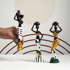 African Exotic Black Woman Statues Set - SAAKAR Handcrafted Painted Ornaments for Stylish Interior Decor in Living Room or Bedroom African