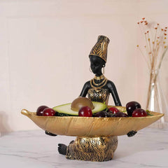 African Women Resin Statue - Home Decor, National Woman Decoration for Living Room, Tabletop Craft Tray Light Grey