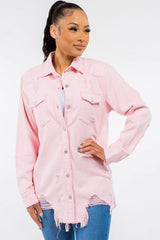 American Bazi Frayed Hem Distressed Denim Jacket Pink / S