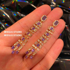 Amethyst Tassel Fringe Statement Earrings Purple