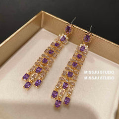 Amethyst Tassel Fringe Statement Earrings Purple